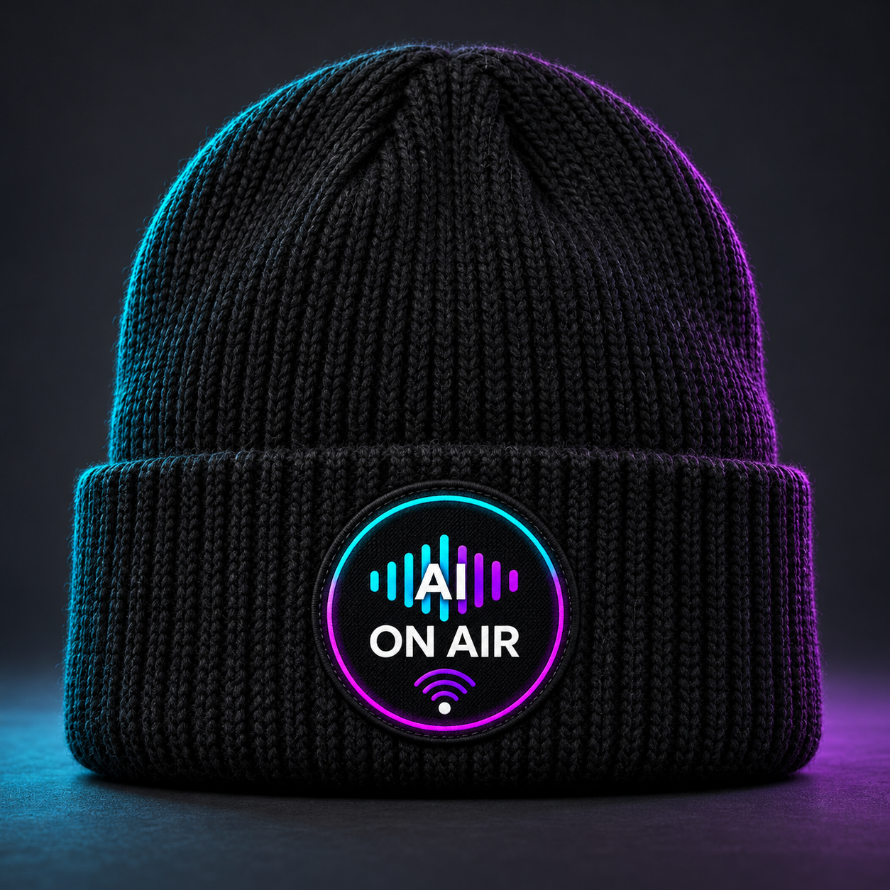 On Air Beanie design mockup with the AI On Air logo