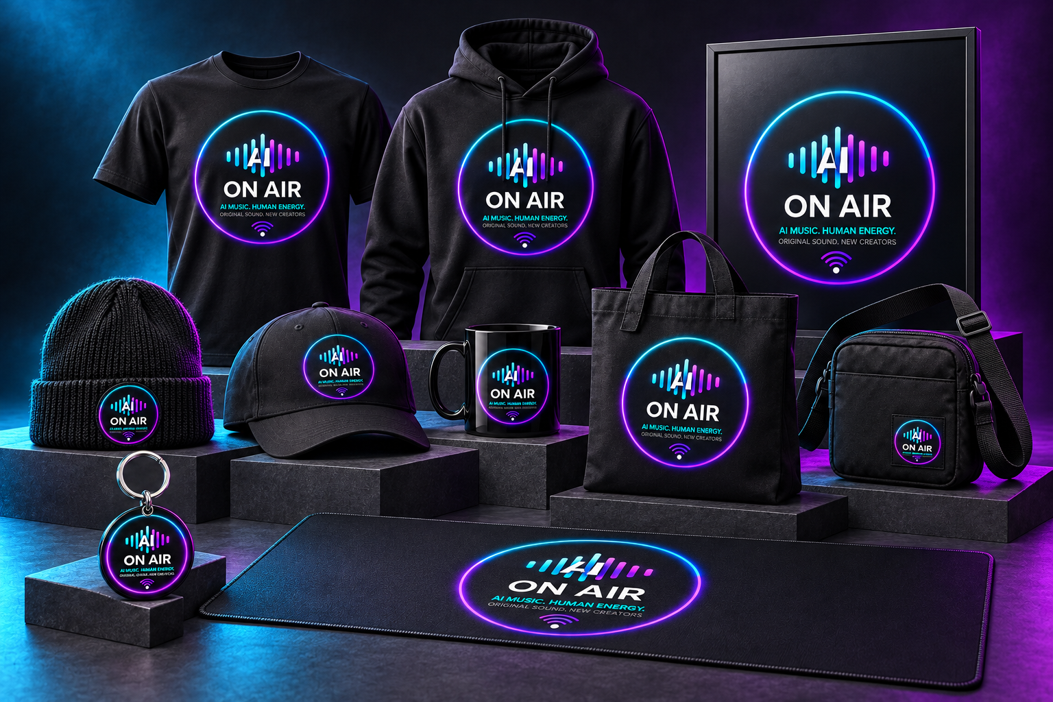 AI On Air ten-item collection mockup: T-shirt, hoodie, mug, poster, winter beanie, keyring, cap, crossbody bag, tote bag and desk mat