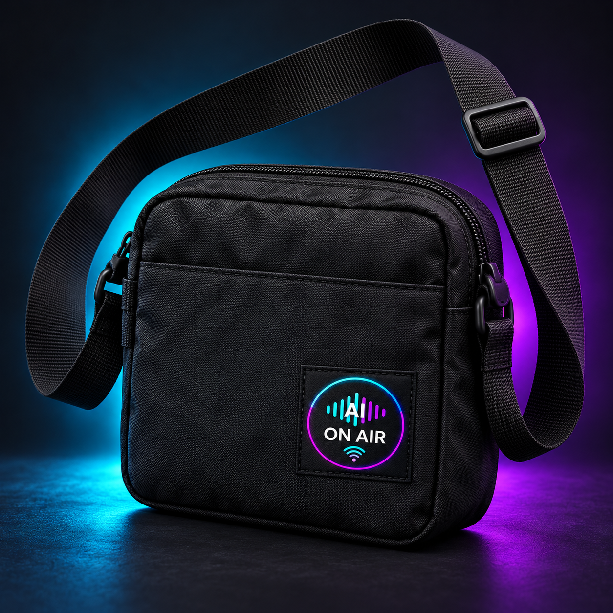 AI On Air black crossbody shoulder bag design mockup