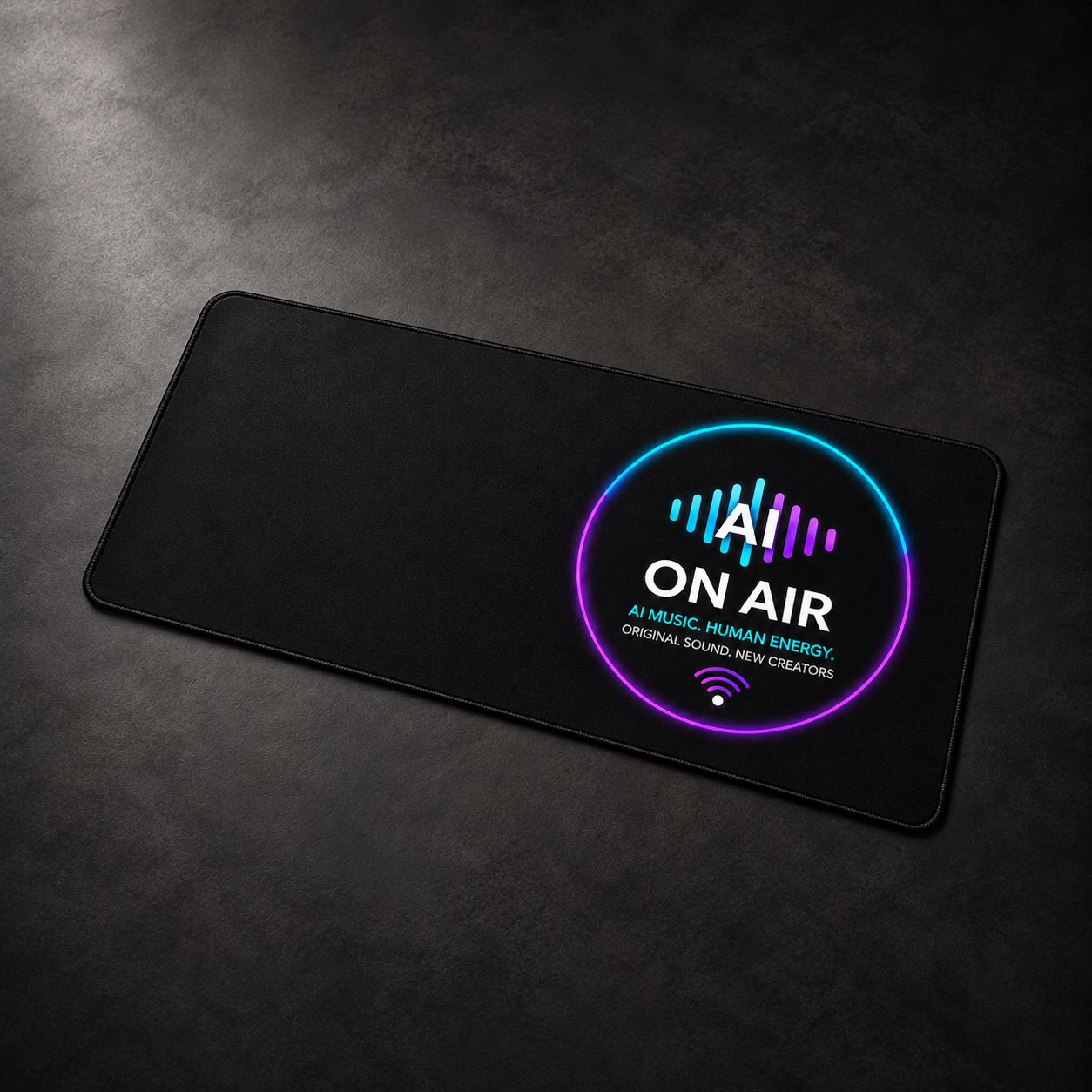 Studio Desk Mat design mockup with the approved AI On Air logo