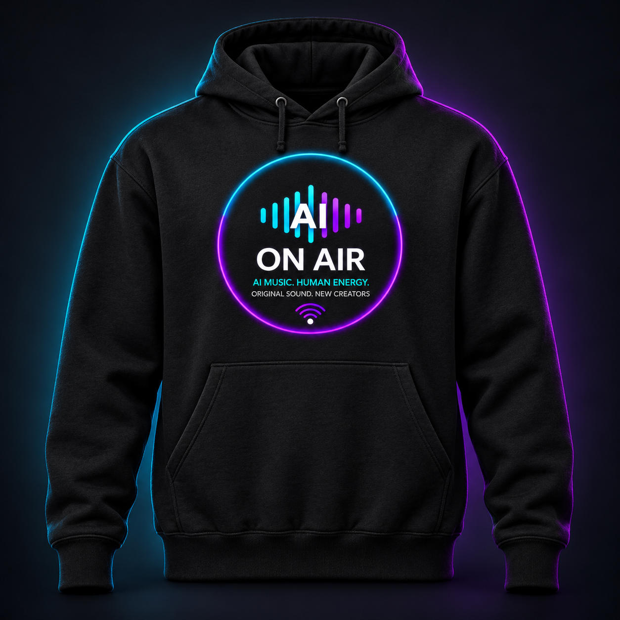 Human Energy Hoodie product design mockup with the AI On Air logo