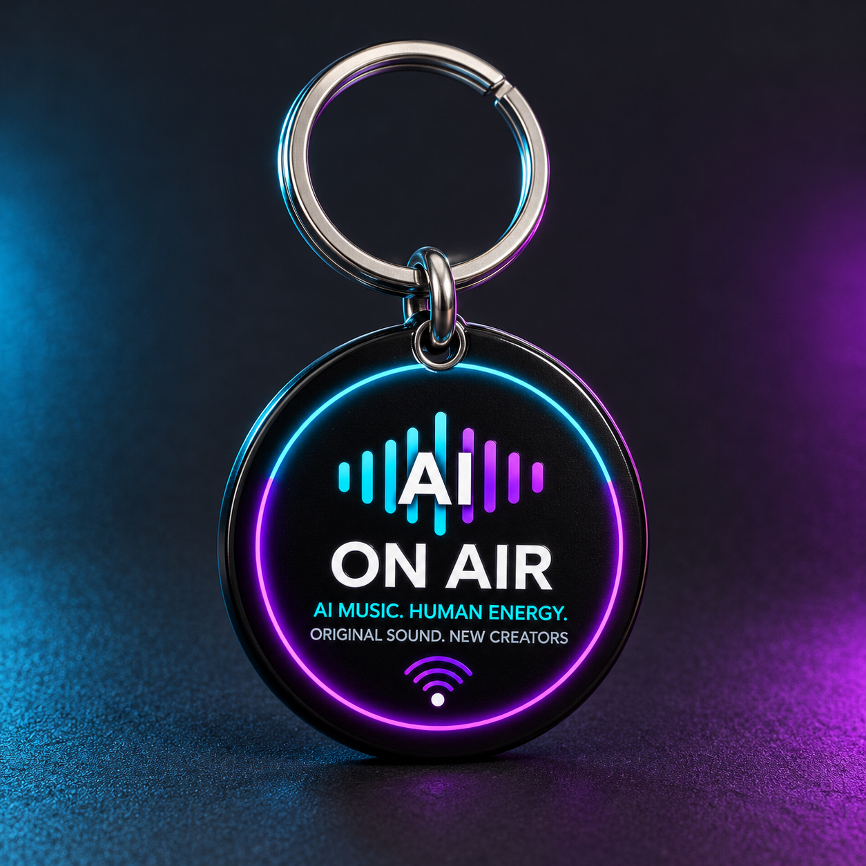 On Air Keyring design mockup with the AI On Air logo