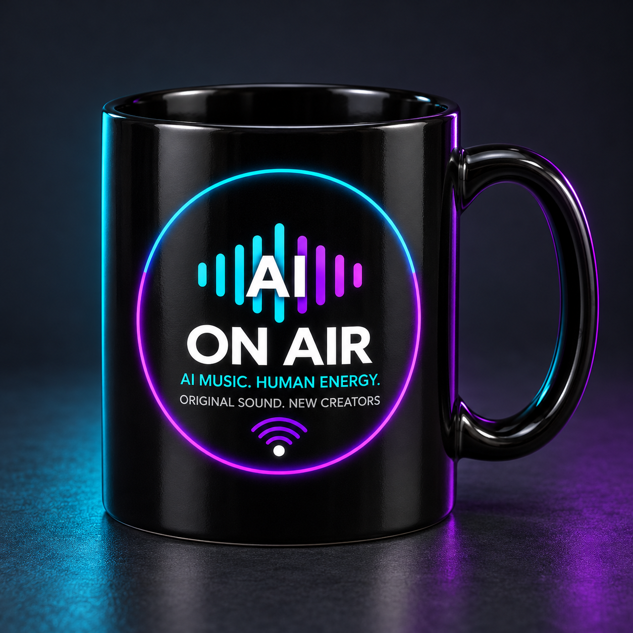 Studio Mug product design mockup with the AI On Air logo