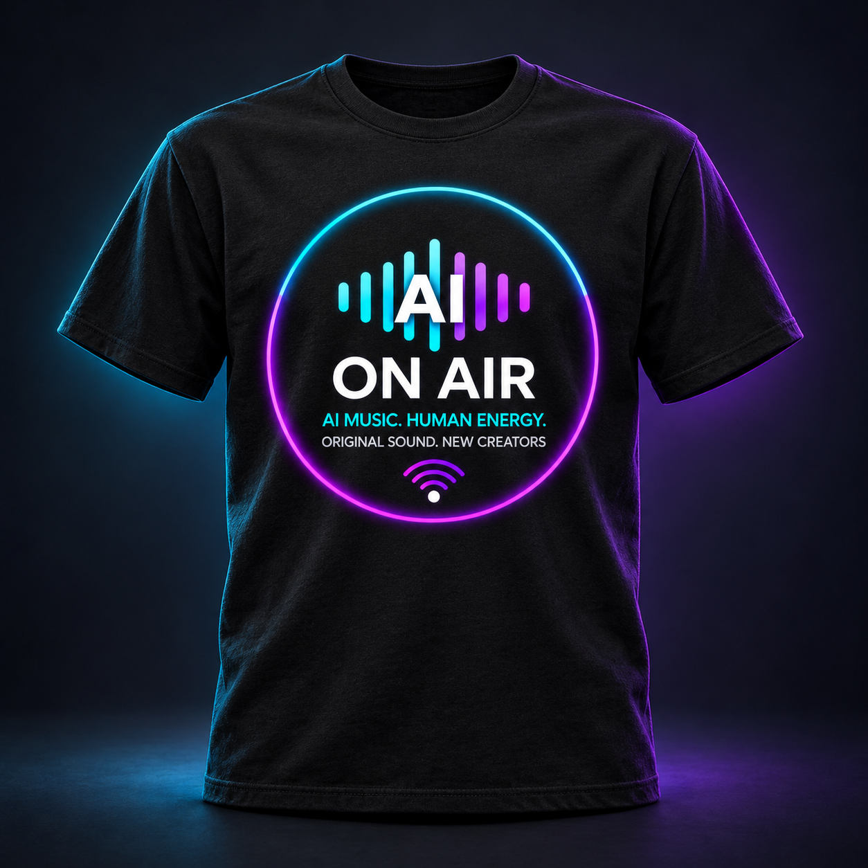 Signal Tee product design mockup with the AI On Air logo